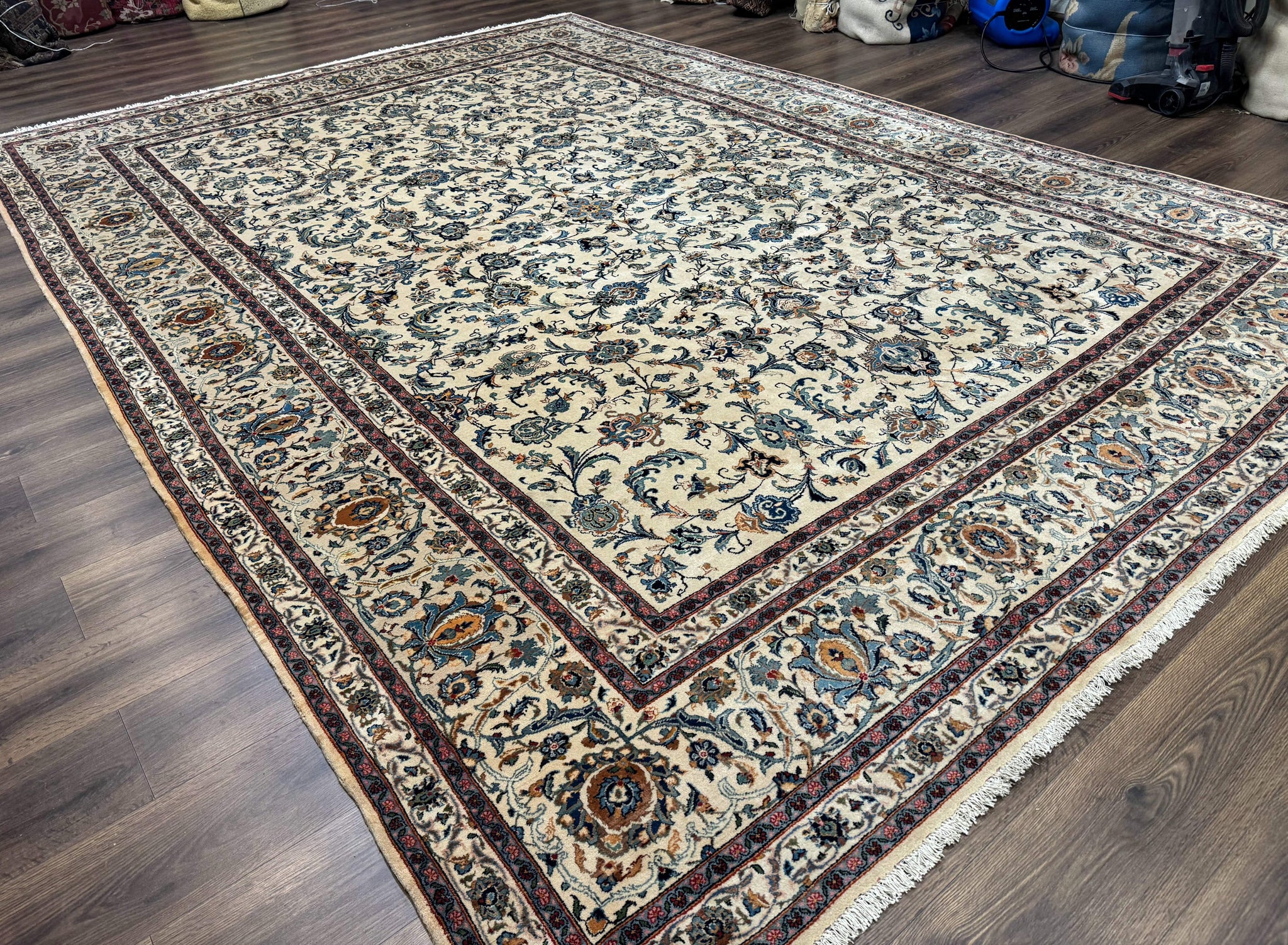 Persian Kashan Rug 10x14, Bone - Beige and Blue, Allover Pattern, Traditional Persian Carpet, Fine 260 KPSI by Jewel Rugs