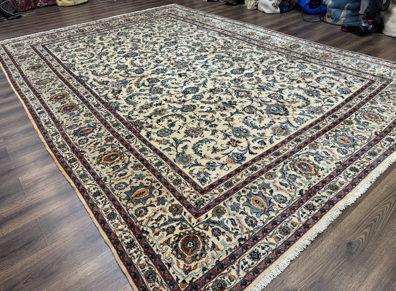 Persian Kashan Rug 10x14, Bone - Beige and Blue, Allover Pattern, Traditional Persian Carpet, Fine 260 KPSI by Jewel Rugs