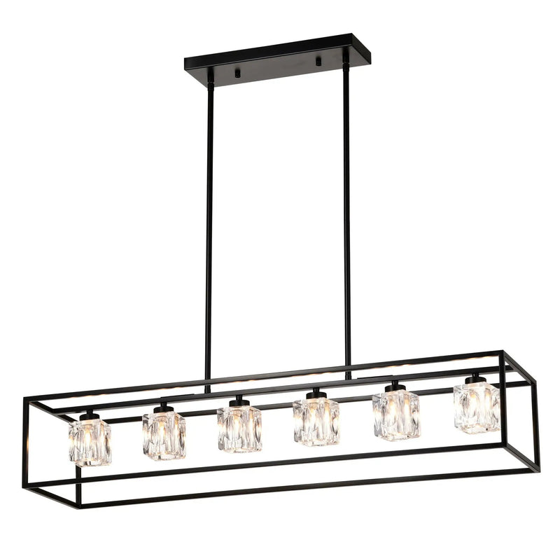 6 Light Farmhouse Chandelier, Modern Industrial Linear Rectangular Crystal Pendant Light Cage Chandelier For Dining Room, Kitchen Island, Bar, Long Table, G9*6 Bulbs Included - Matte Black by Unique Piece Furniture