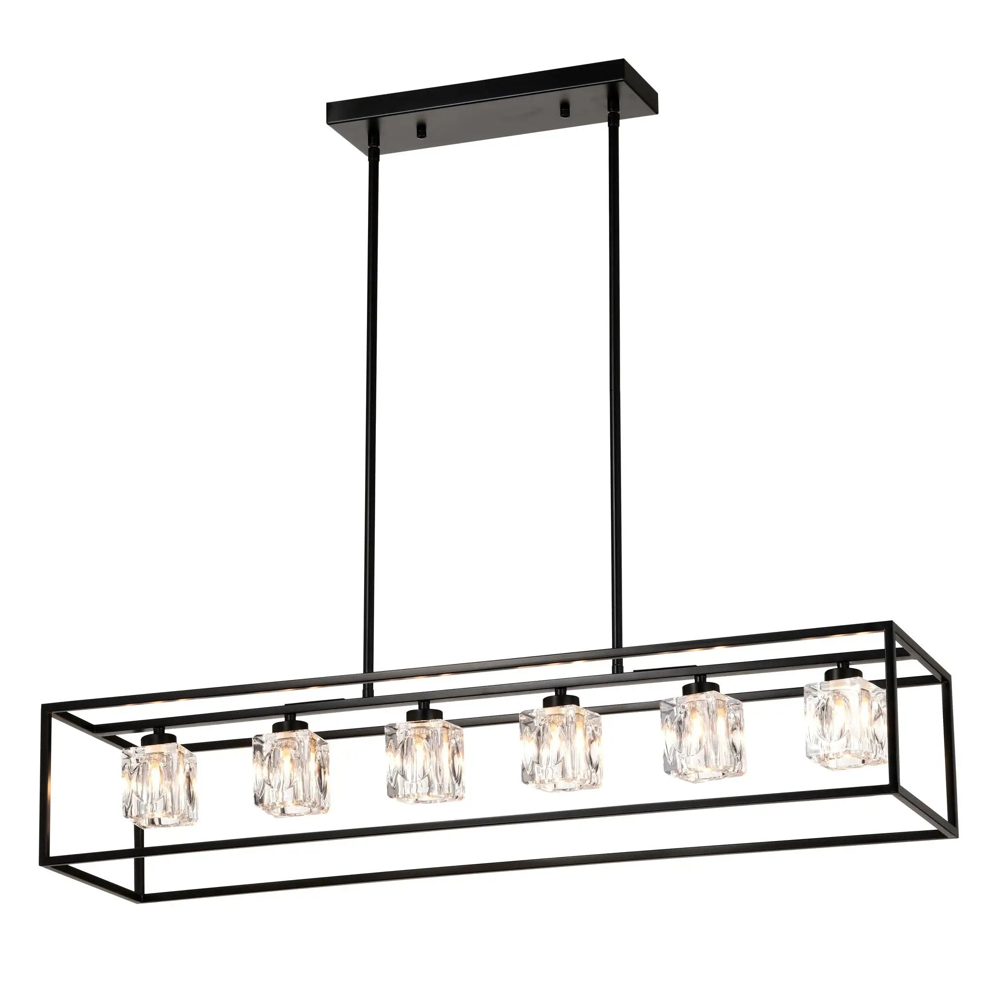 6 Light Farmhouse Chandelier, Modern Industrial Linear Rectangular Crystal Pendant Light Cage Chandelier For Dining Room, Kitchen Island, Bar, Long Table, G9*6 Bulbs Included - Matte Black by HouseOfZazla