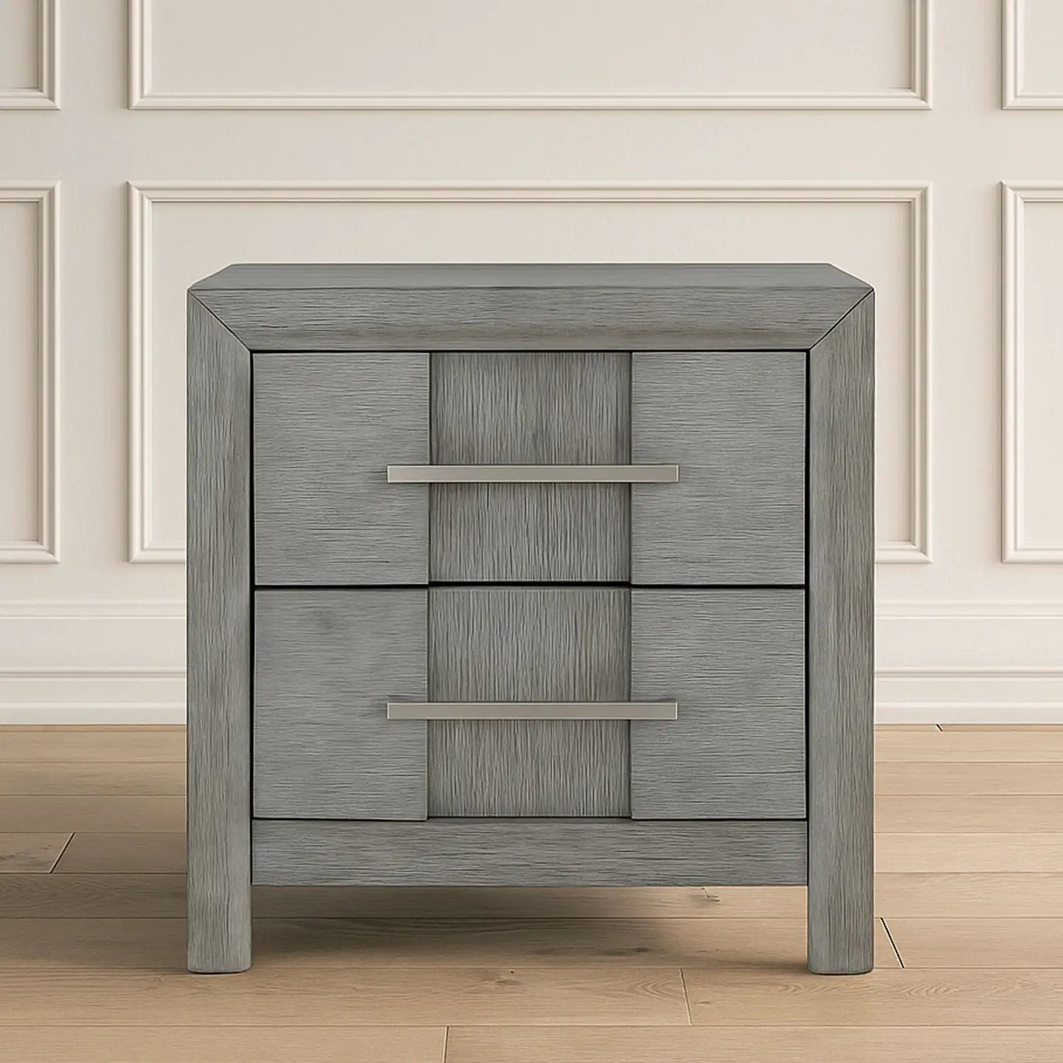 Modern 2 Drawer Nightstand In Gray Finish With Silver Metal Handles, Contemporary Bedside Table With Smooth Glide Drawers by HouseOfZazla