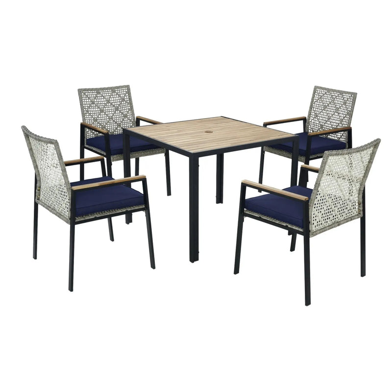 5 Piece Patio Dining Table Set, Acacia Wood Table Top With Umbrella Hole by HouseOfZazla