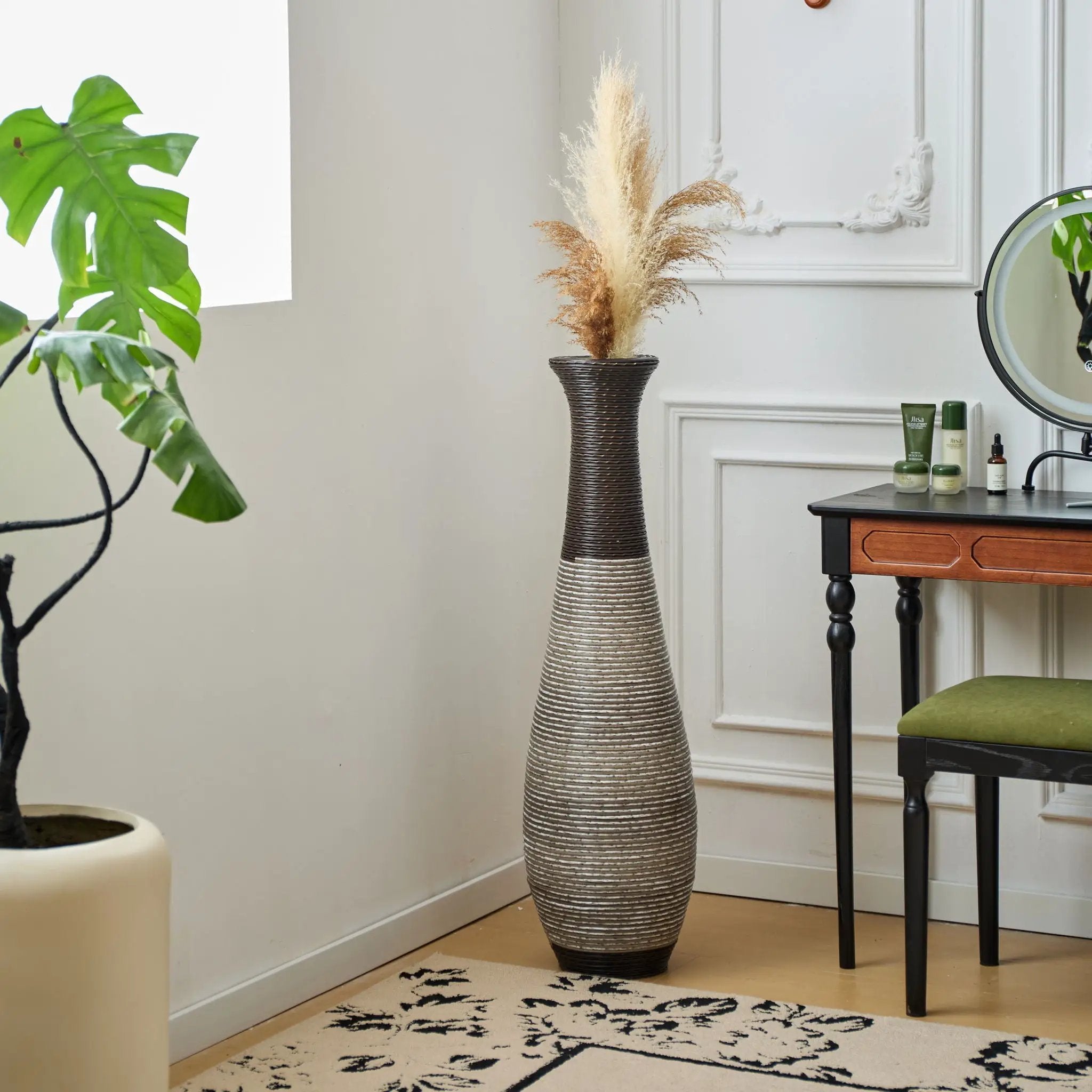 Tall Standing Designer Floor Vase Durable Artificial Rattan Elegant 2 Tone Finish Ideal Decor Accent For Living Room, Bedroom, Entryway Stylish Home Decor Statement Piece - Black / Gray by HouseOfZazla
