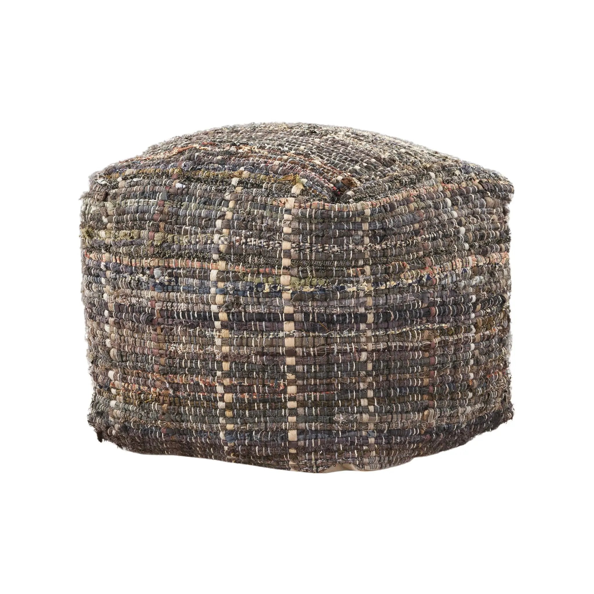 Koki - Handcrafted Fabric Pouf Recycled Denim And Paper Chindi - Khaki by Unique Piece Furniture