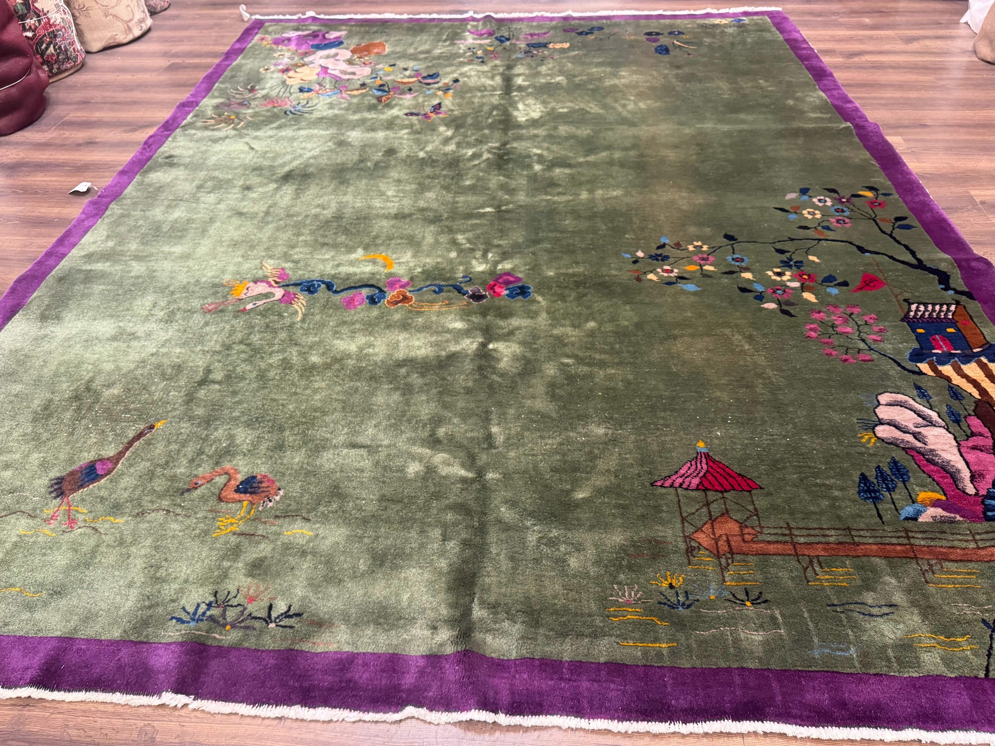Antique Chinese Nichols Rug 9x12 - Rare Green and Purple Art Deco Carpet by Jewel Rugs
