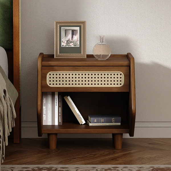 Walnut Nightstand with Rattan Detail, MDF + Solid Wood