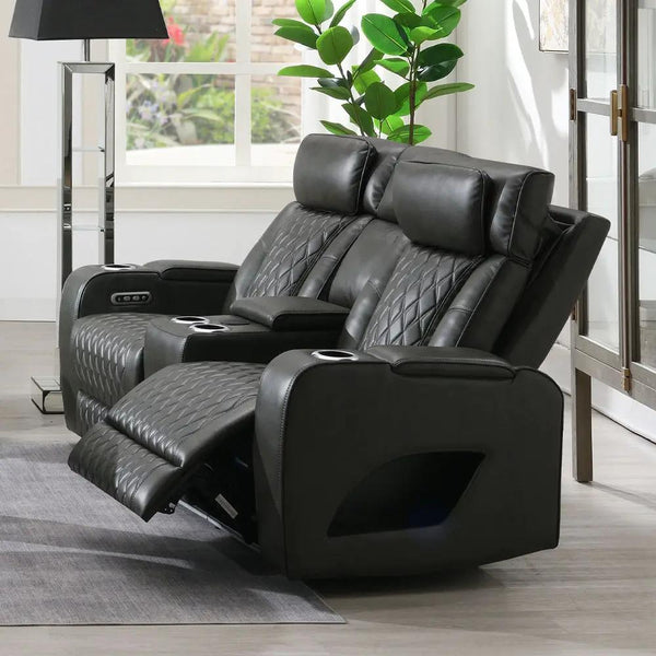 Taddeo - Power Motion Loveseat With Console, Speaker, USB, Wireless Charger & LED - Dark Gray