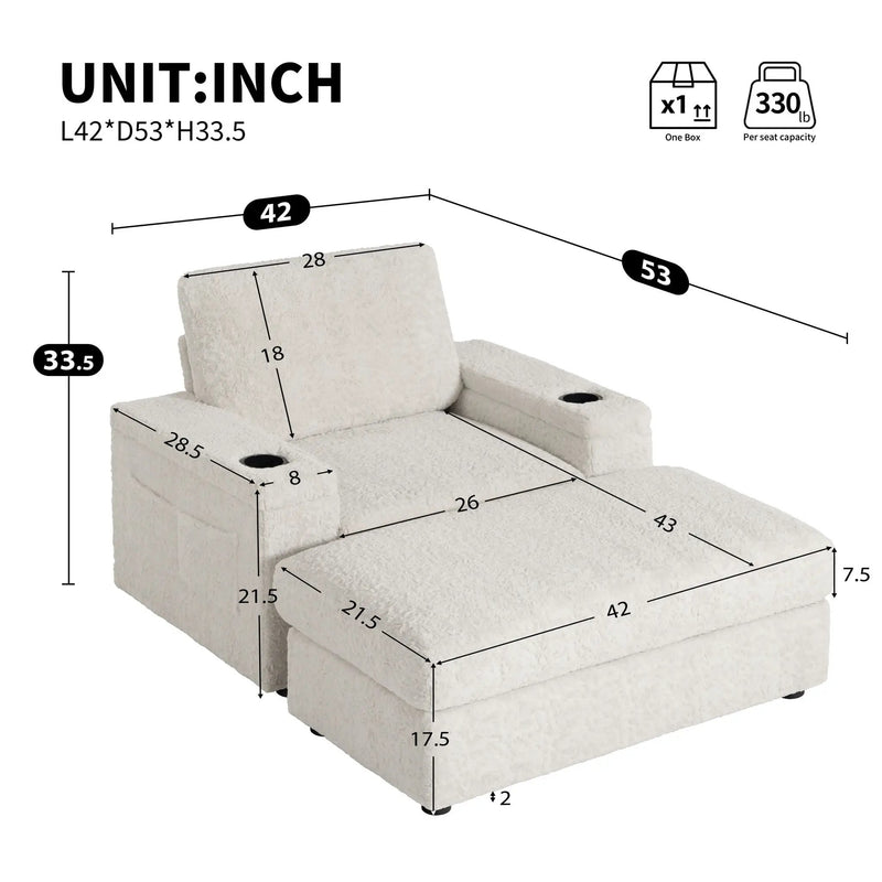 Oversized Chaise Lounge Indoor Rabbit Fur Sofa Bed With Storage Ottoman And Armrests Cup Holders With Deep Seat by HouseOfZazla
