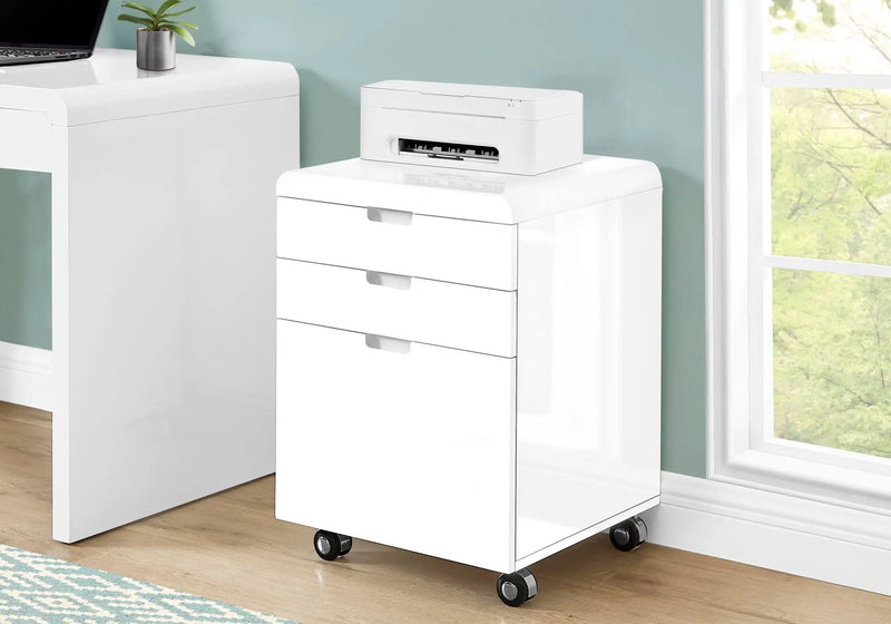 File Cabinet, Rolling Mobile, Storage Drawers, Printer Stand, Office, Work, Glossy Contemporary, Modern - White by Unique Piece Furniture