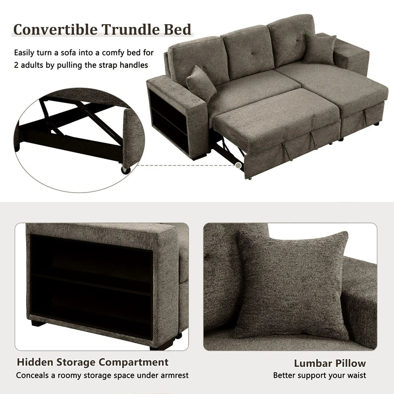 Reversible Sleeper Sectional Sofa Bed With Side Shelf And 2 Stools, Pull-Out L-Shaped Sofa Bed, Corner Sofa-Bed With Storage Chaise Left / Right Hande For Living Room by HouseOfZazla