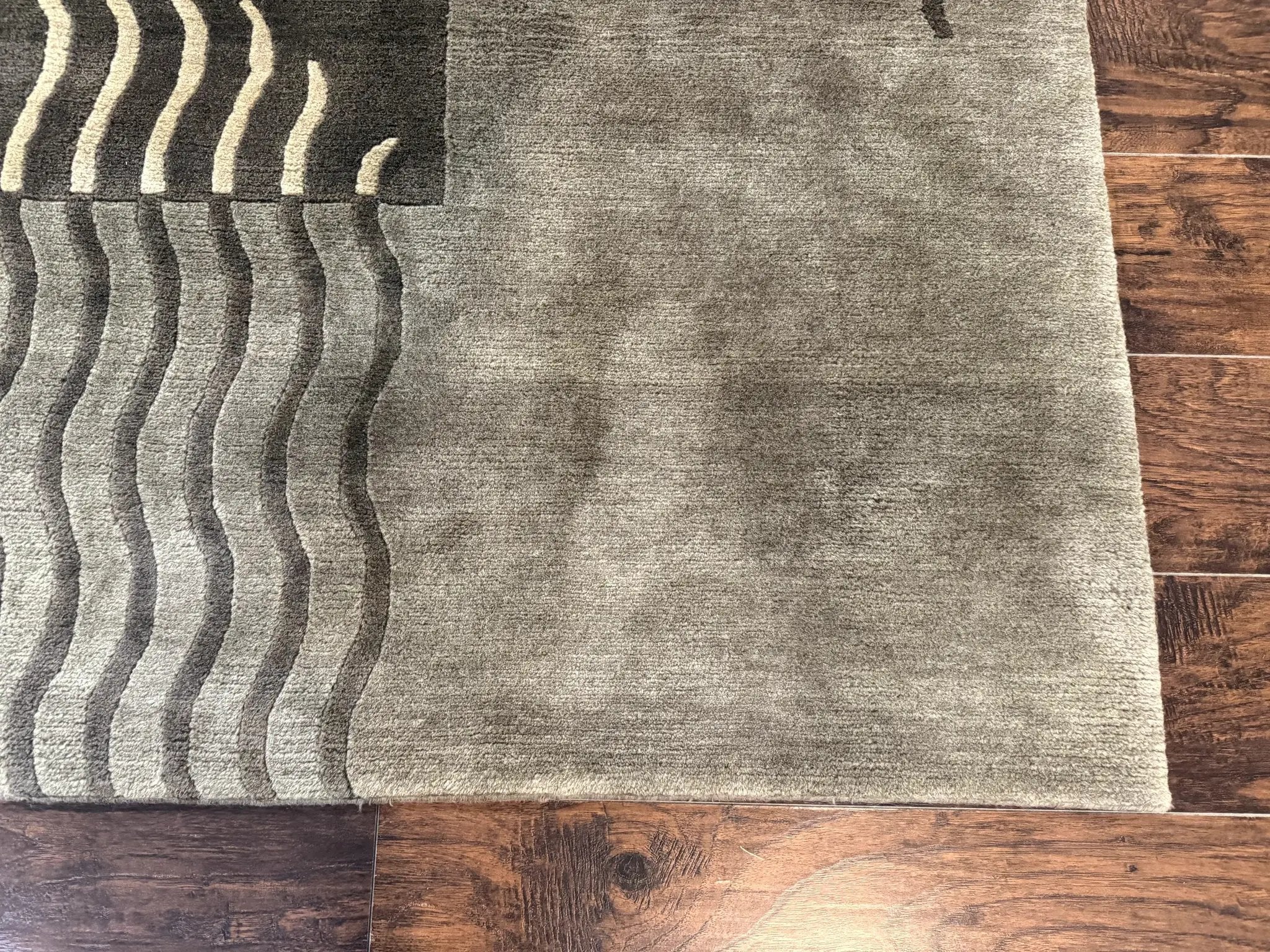 Modern Tibetan Wool Rug 3.6 x 5.6, Shades of Green, Abstract Design by Jewel Rugs