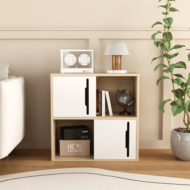 Storage Cabinet With Sliding Doors, 2 Tier Open And Closed Shelves Organizer - Natural / White by Unique Piece Furniture