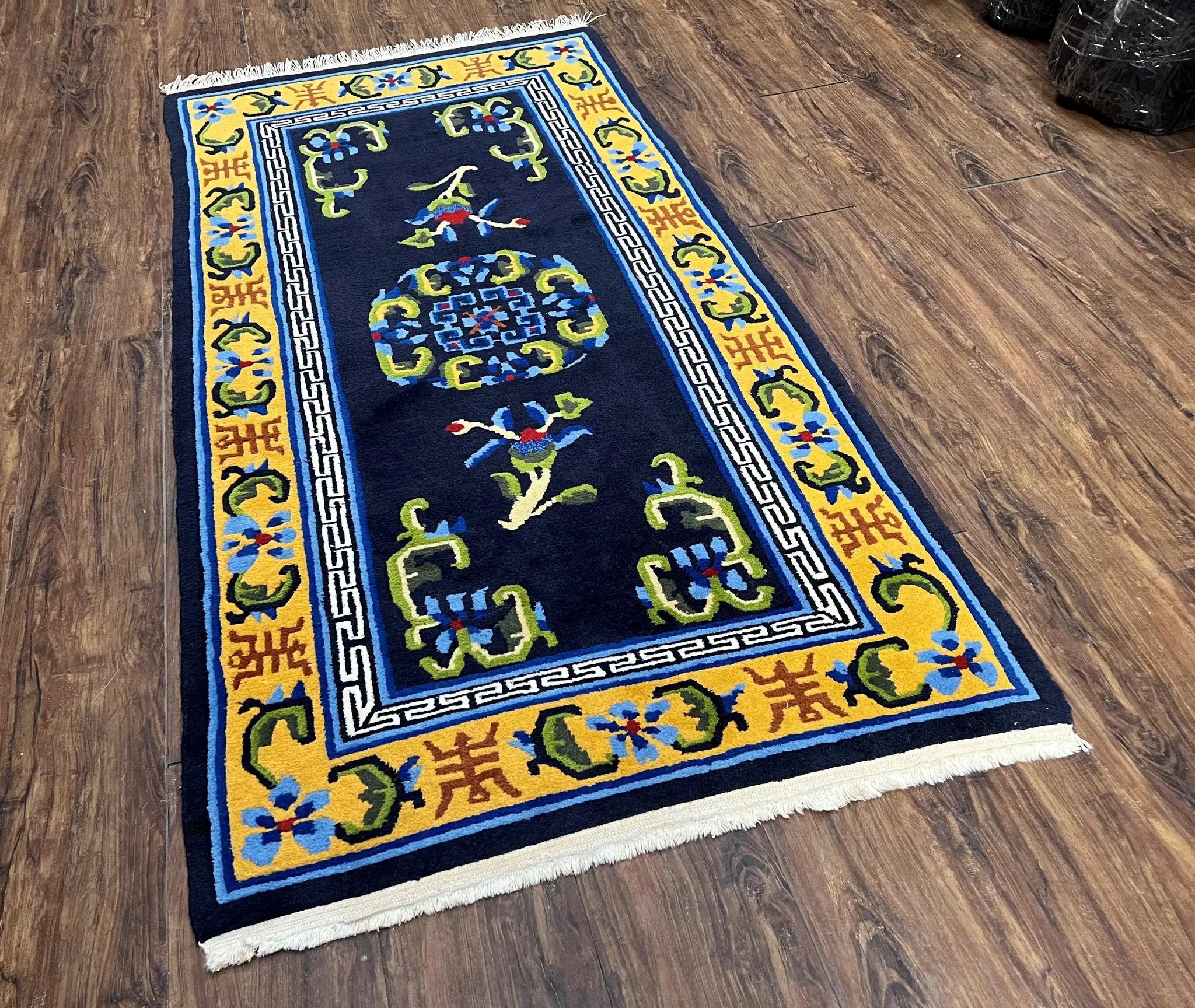 Chinese Art Deco Rug 3 x 5.9, Handmade Chinese Peking Carpet, Dark Blue and Gold, Medallion, Asian Oriental 3x6 Hand Knotted Vintage Rug by Jewel Rugs