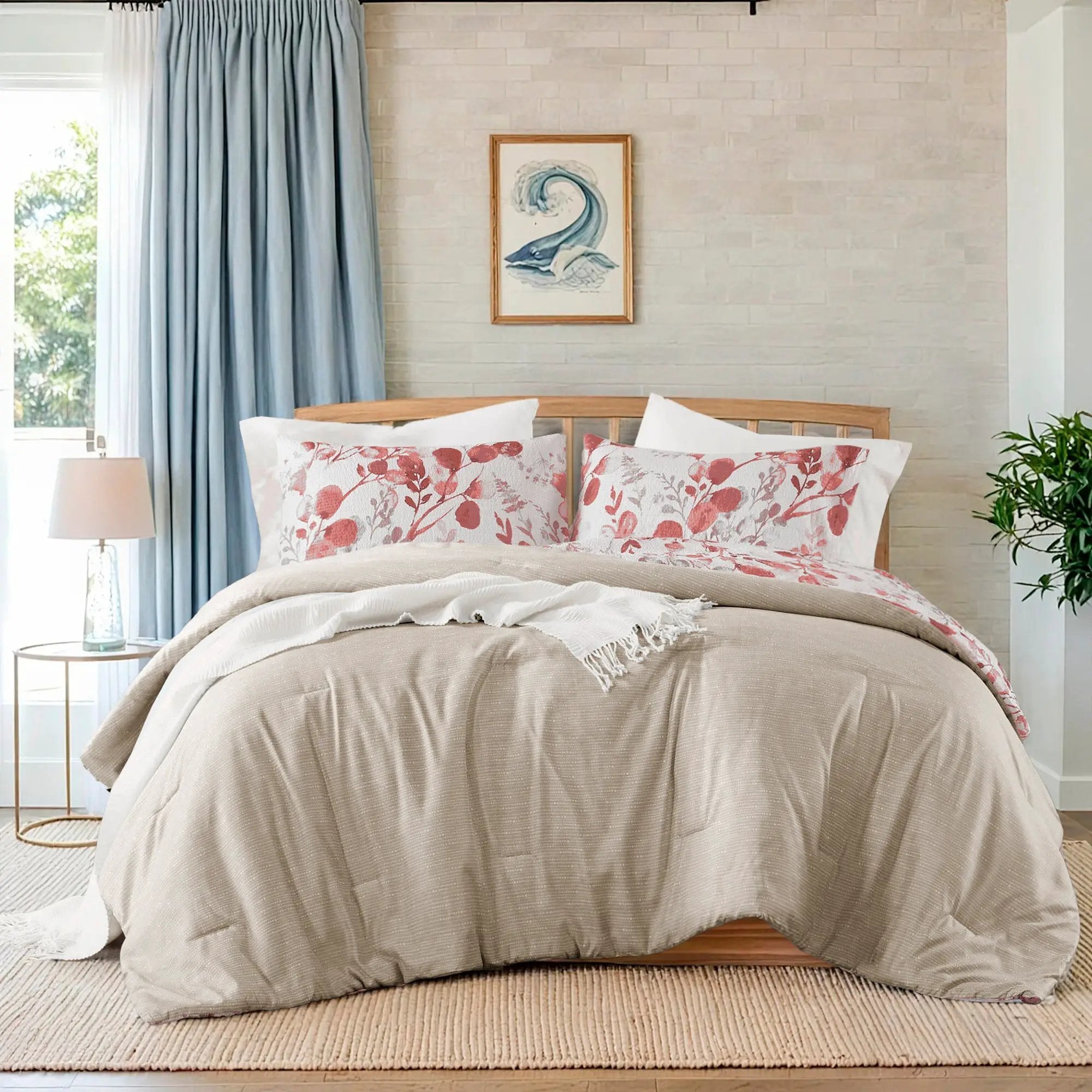 3-Piece Full/Queen Reversible Floral Botanical Seersucker Comforter Set by HouseOfZazla