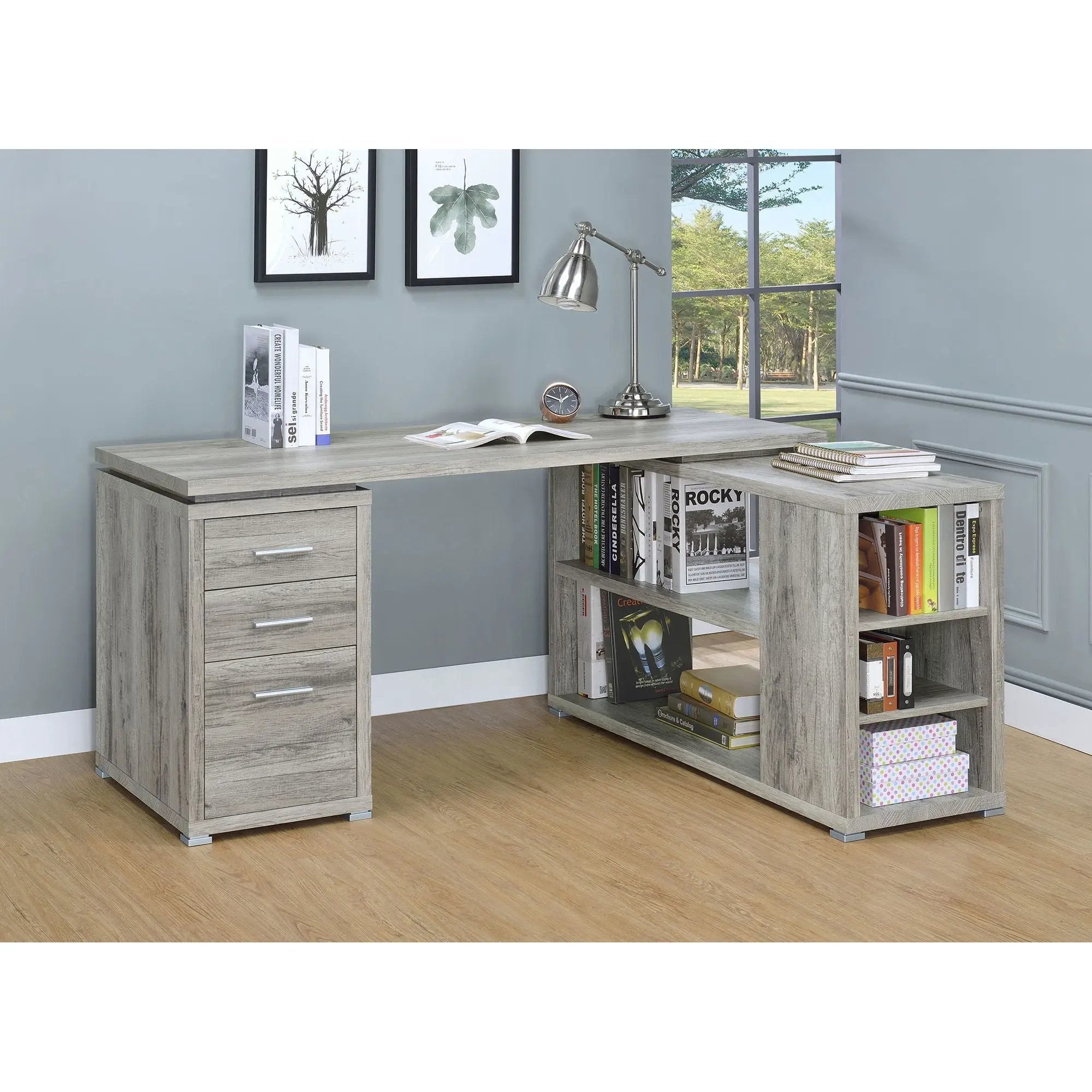 Tona - L-Shape Computer Desk With 3 Drawers And 5 Shelves by HouseOfZazla