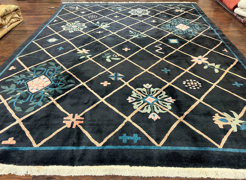 Tibetan Rug 9x12, Hand Knotted Tibet Nepali Contemporary Carpet 9 x 12 ft, Black and Tan, Handmade Area Rug Room Sized, Nepalese Rug by Jewel Rugs