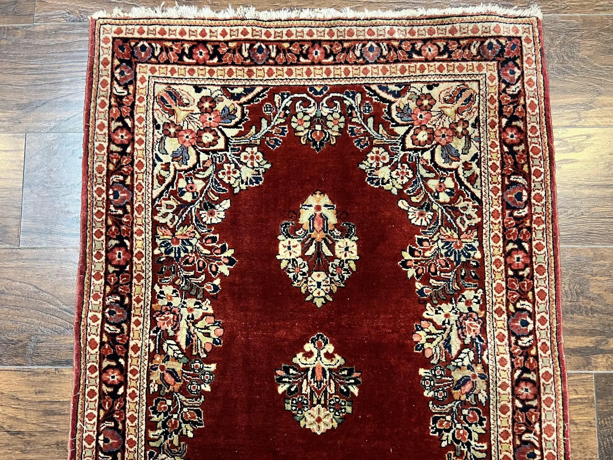 Persian Sarouk Runner Rug 2.7 x 6, Semi Open Field, Red, Handmade Hand Knotted, Wool Oriental Carpet, Vintage Semi Antique by Jewel Rugs