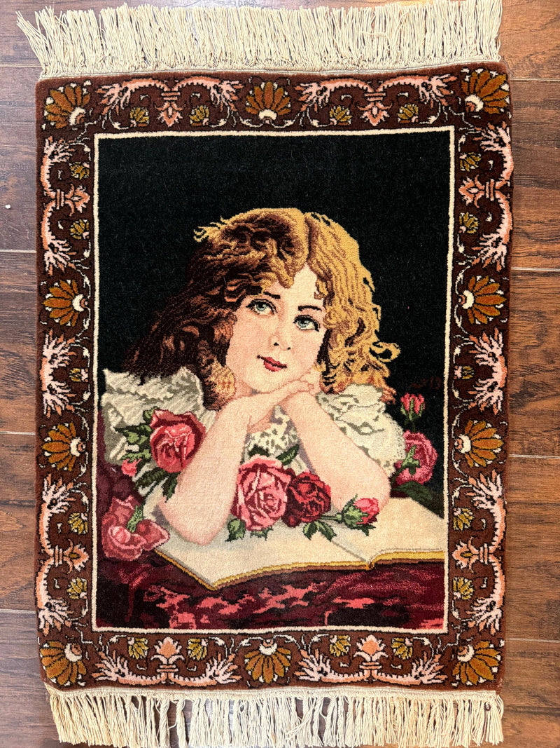 Small Persian Tabriz Pictorial Rug of Young Girl, Very Fine 380 KPSI, Portrait of Young Lady with Roses, Handmade, Persian Rug for Wall Hanging by Jewel Rugs