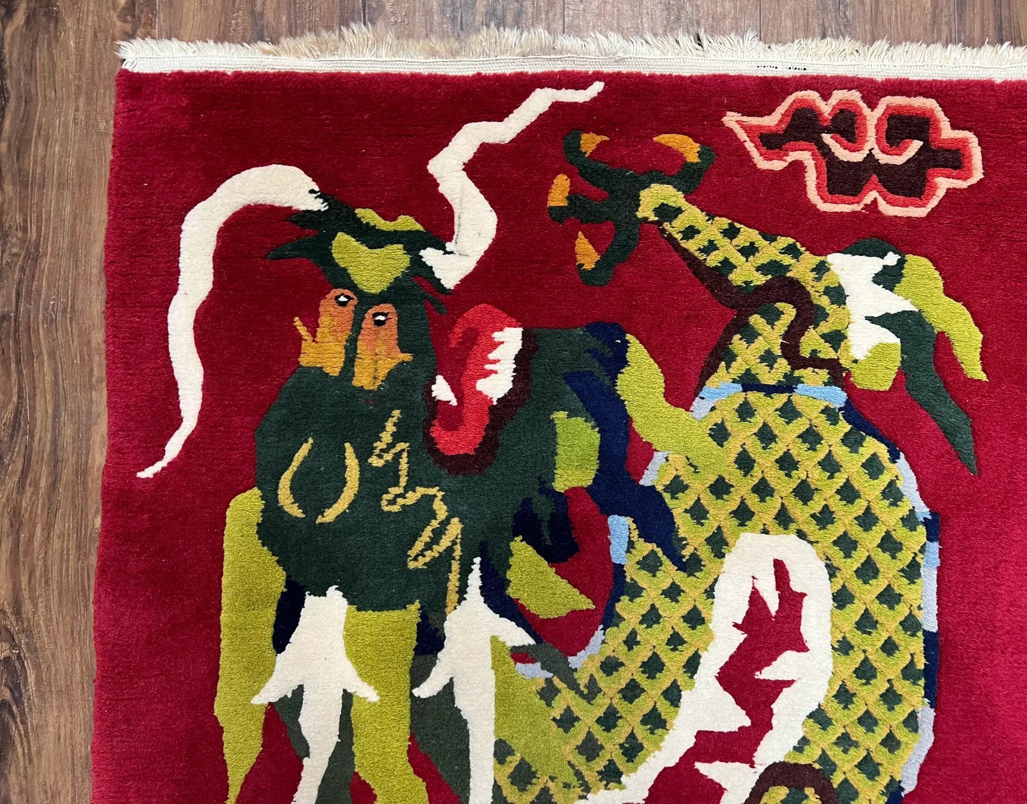 Vintage Chinese Dragon Rug 3 x 6.8, Handmade Hand Knotted Red Chinese Carpet with Gold Dragon, Art Deco Peking Soft Chinese Rug Runner by Jewel Rugs