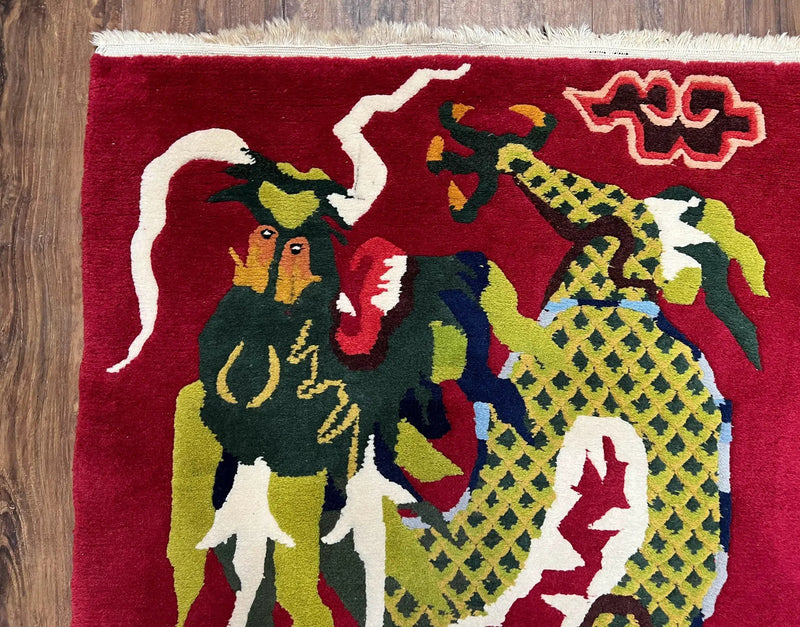 Vintage Chinese Dragon Rug 3 x 6.8, Handmade Hand Knotted Red Chinese Carpet with Gold Dragon, Art Deco Peking Soft Chinese Rug Runner by Jewel Rugs