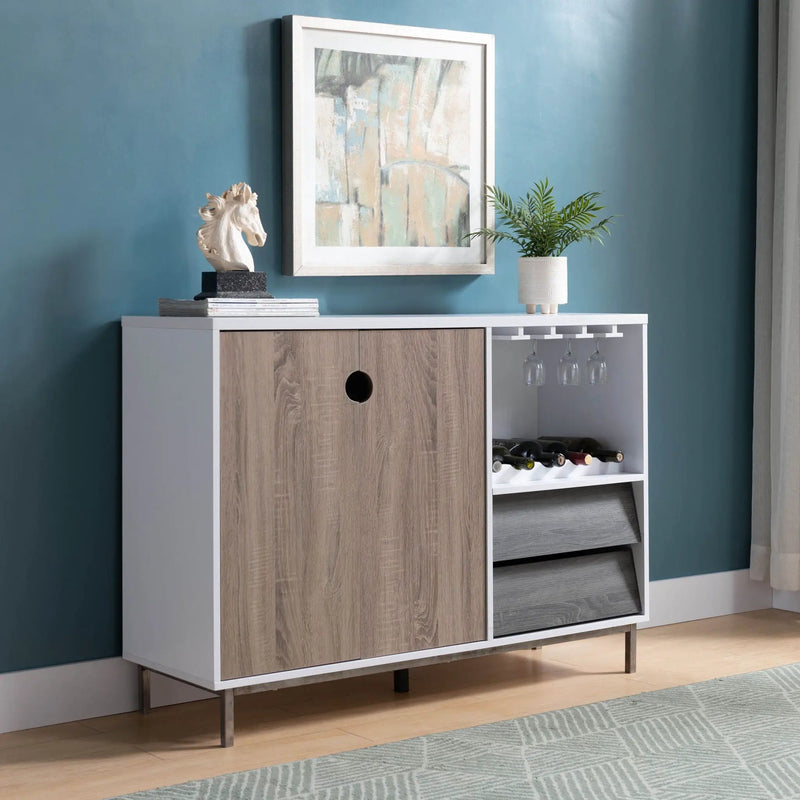Wooden Display Rack, Cabinet With Drawer, Holds 6 Wine Glass - White / Dark Taupe by HouseOfZazla