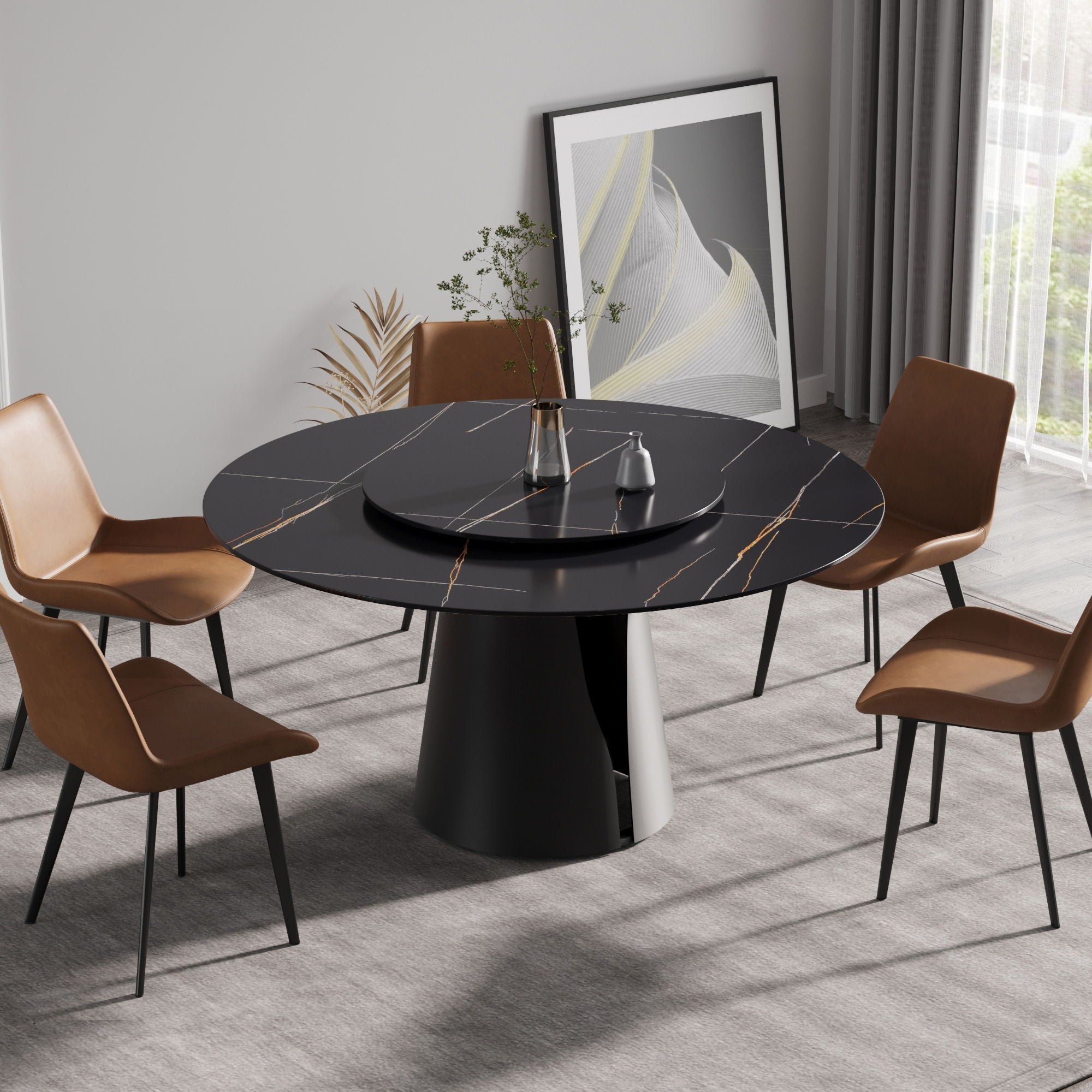 53.15" Round Modern Artificial Stone Carbon Steel Base Dining Table, Can Accommodate 6 People - Black / Gold by HouseOfZazla