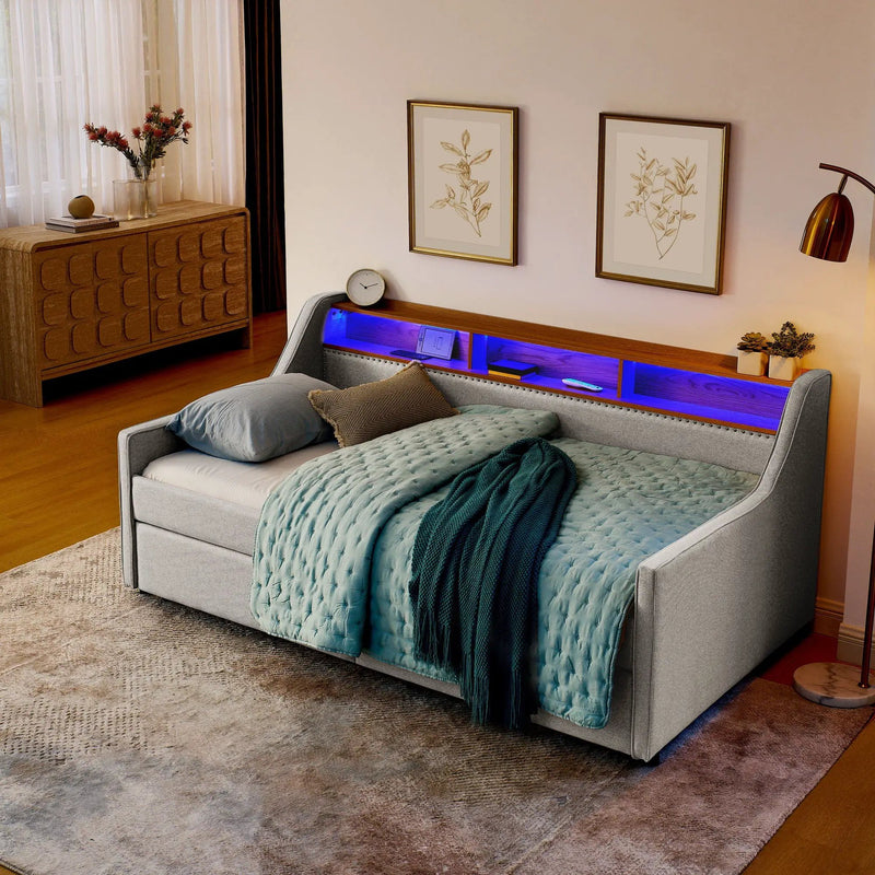 Twin Upholstered Sofa Bed With LED Lights, Storage Drawers, Adjustable Headboard & Wireless Charging - Beige by Unique Piece Furniture