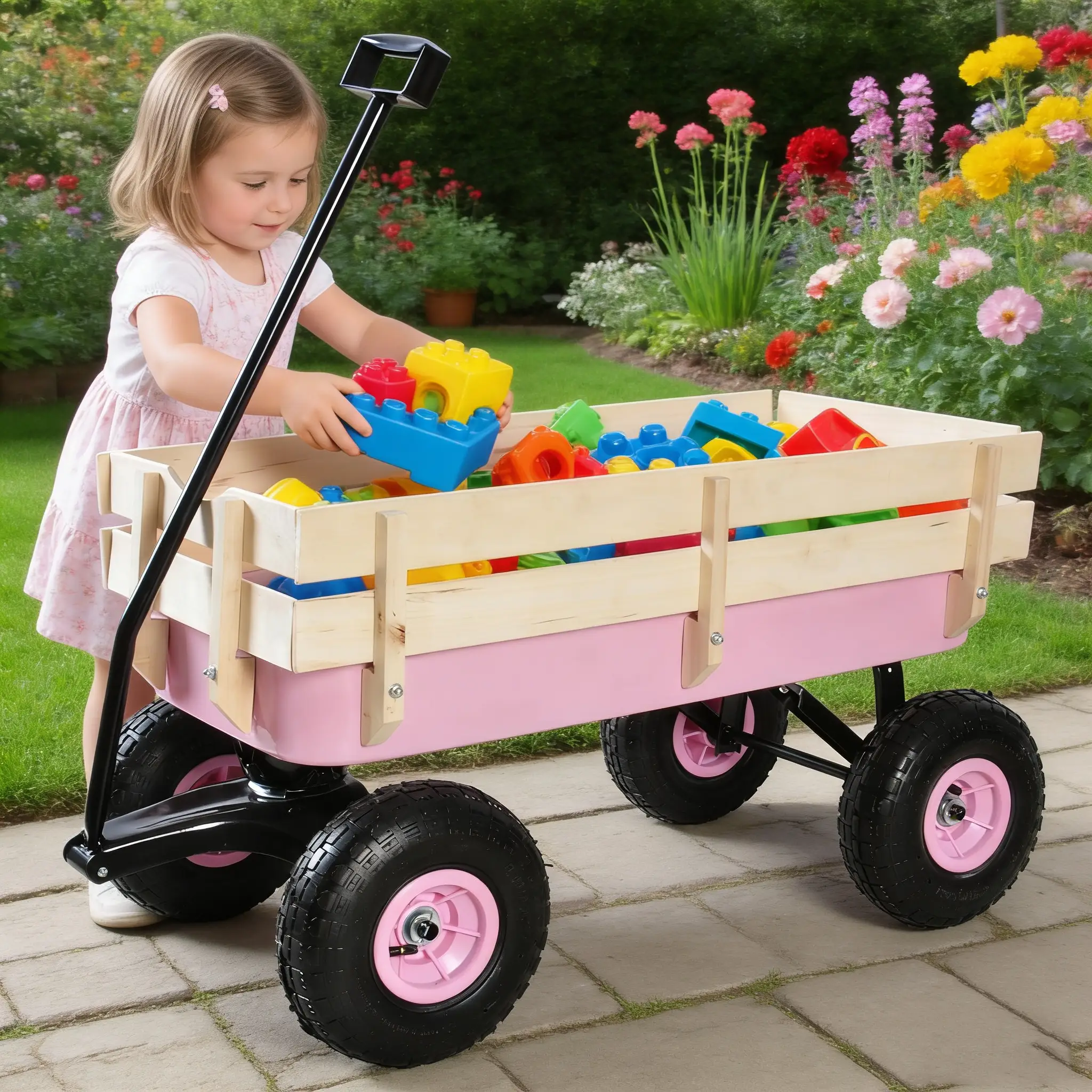 Outdoor All Terrain Garden Wagon with Wooden Railings and Pneumatic Tires by HouseOfZazla