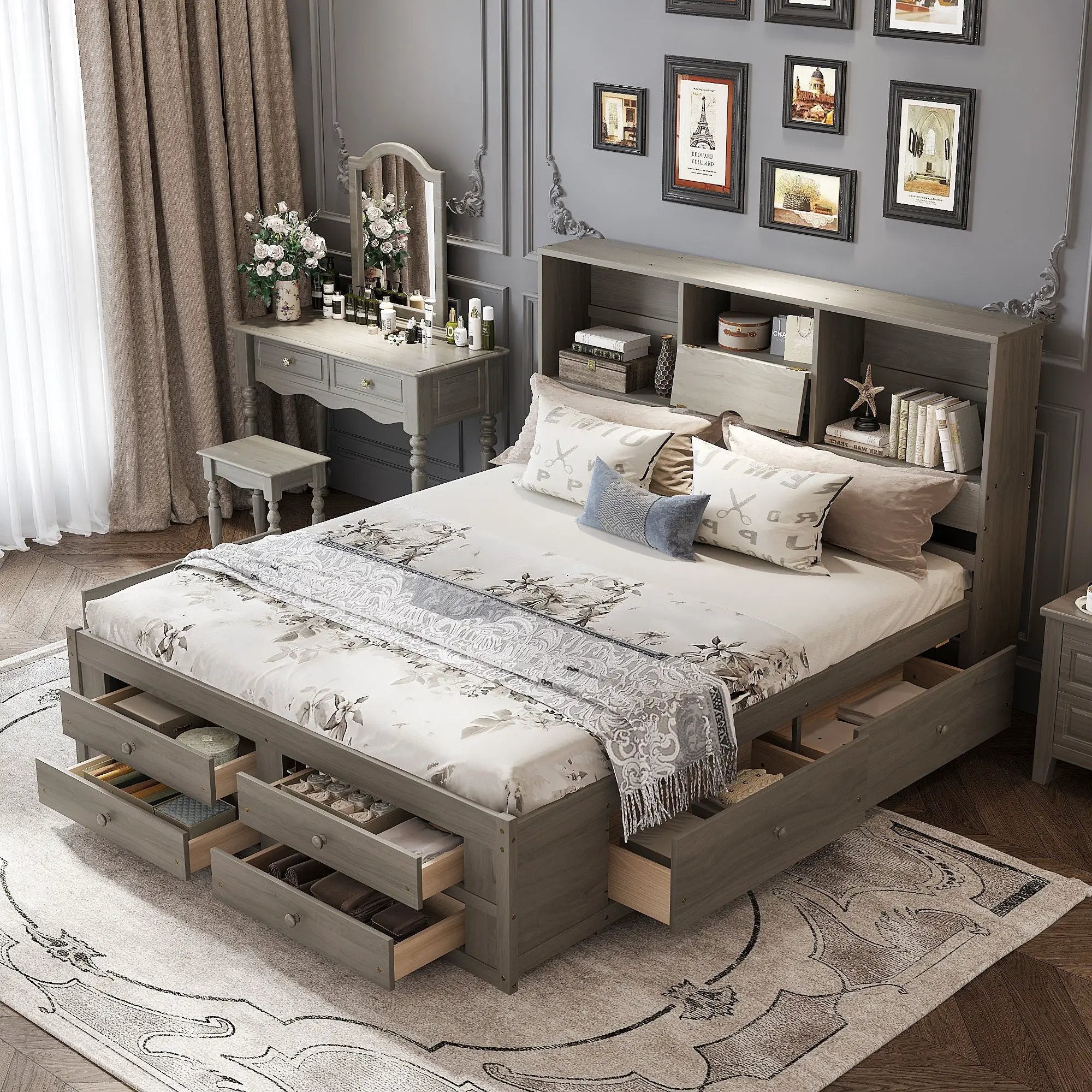 Platform Bed With Storage Headboard And 8 Drawers by Unique Piece Furniture