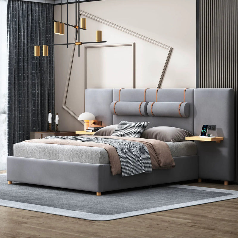 Upholstered Platform Bed, 2 Outlets And USB Charging Ports On Both Sides, 2 Bedside Pillows, Storage Shelves by Unique Piece Furniture
