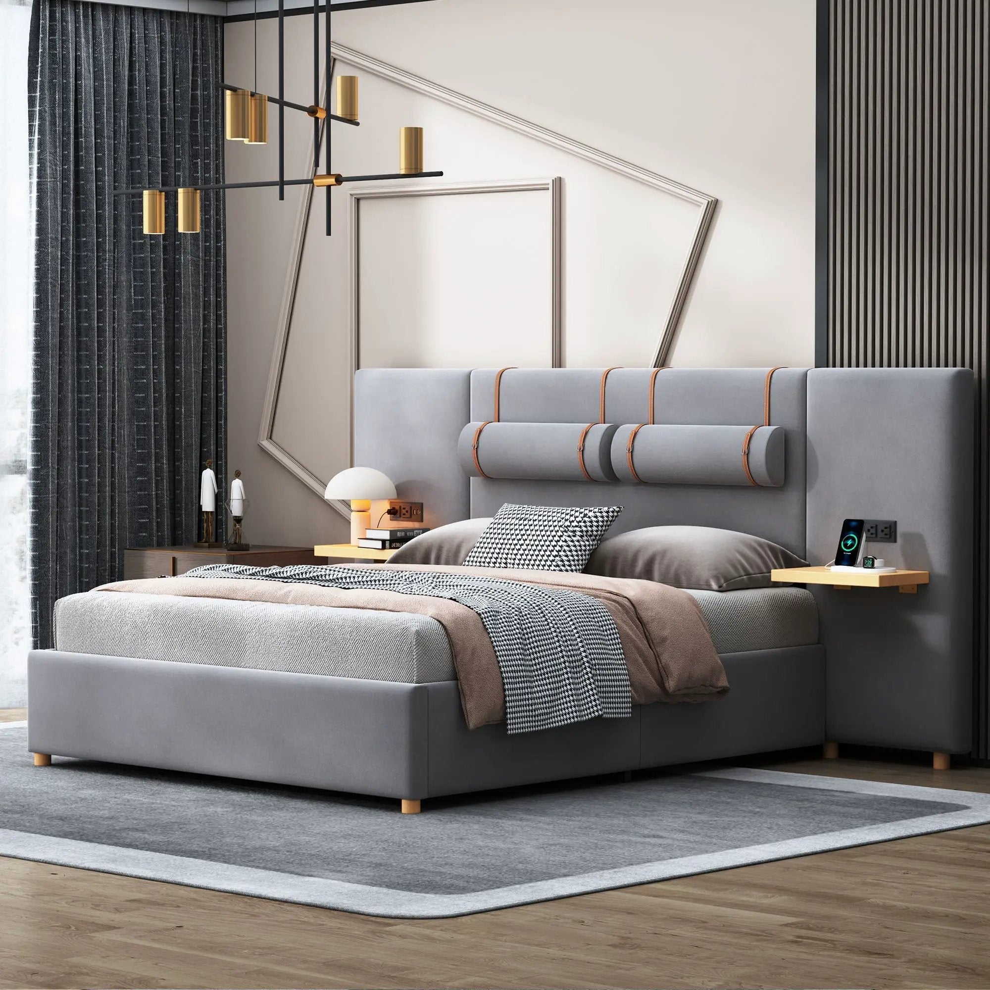 Upholstered Platform Bed, 2 Outlets And USB Charging Ports On Both Sides, 2 Bedside Pillows, Storage Shelves by HouseOfZazla