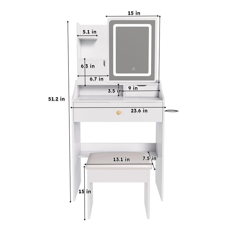LED Vanity Mirror With Stool, 2 Drawers & 5 Storage Cabinets, Adjustable Lighting Mdf Dressing Table For Bedroom - White by Unique Piece Furniture