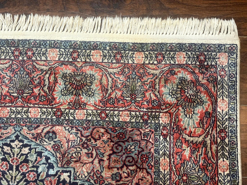 Silk Indian Kashmiri Rug 4x6, Tree of Life Pattern, Birds, Fine 290 KPSI, Navy Blue and Red, Handmade Oriental Carpet by Jewel Rugs