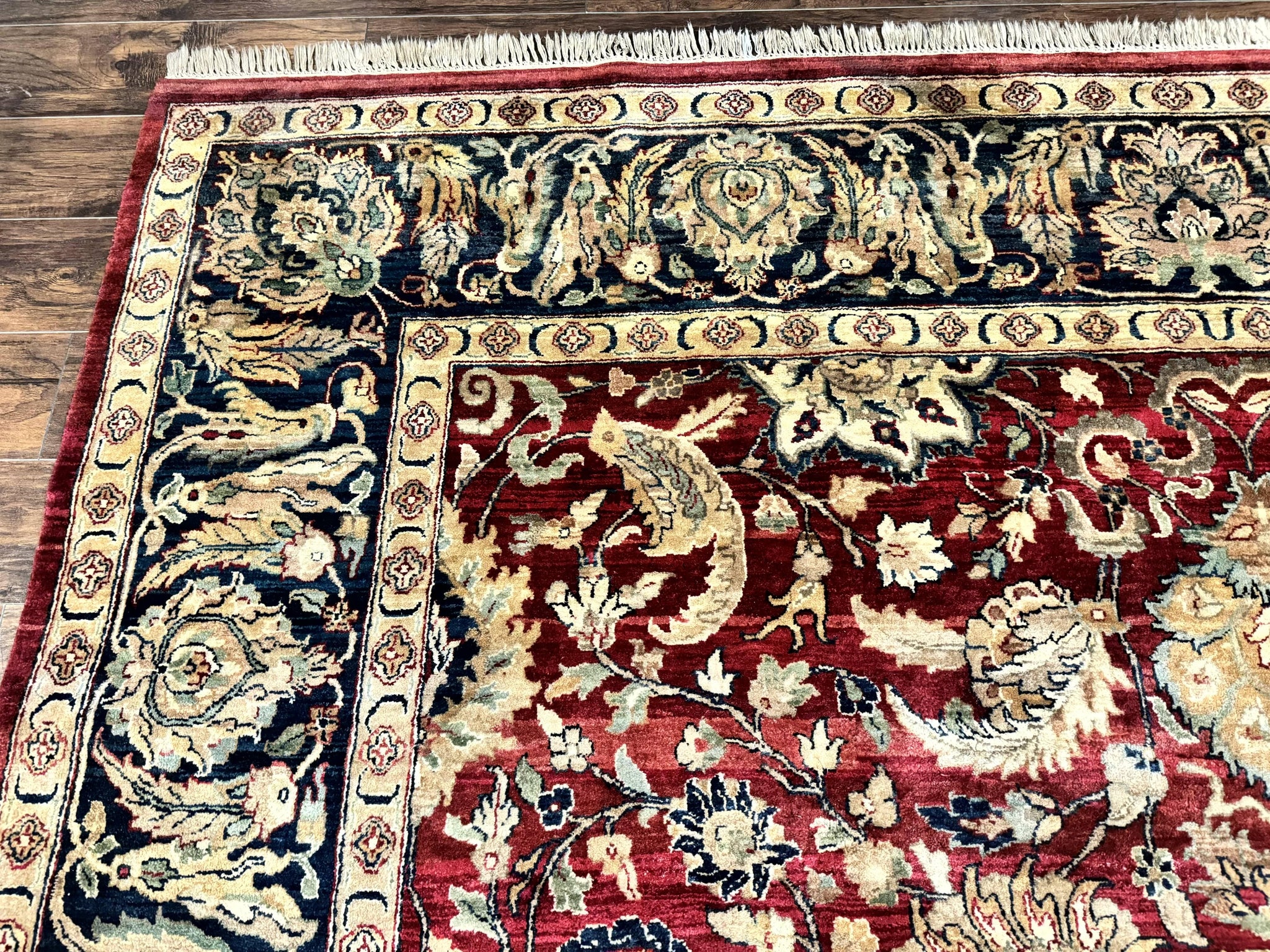 Indo Persian Rug 10x14, Indian Agra Carpet, Vintage Handmade Wool Large Traditional Rug, Dark Red Navy Blue Beige by Jewel Rugs