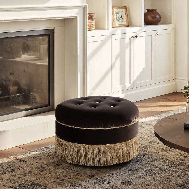 Yolanda 24" Round Upholstered Accent Ottoman - Deep Brown Velvet by HouseOfZazla