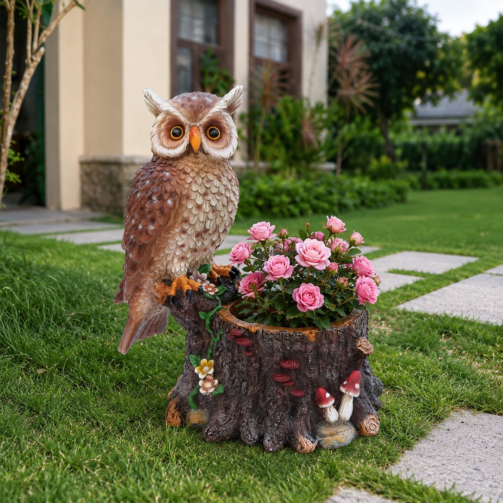 Sitting Owl with Tree Trunk Garden Planter by HouseOfZazla