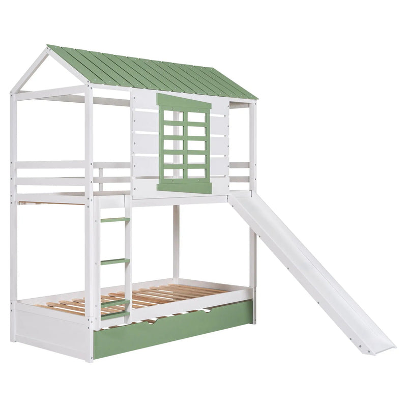Twin Over Twin House Bunk Bed With Convertible Slide And Trundle - White by HouseOfZazla