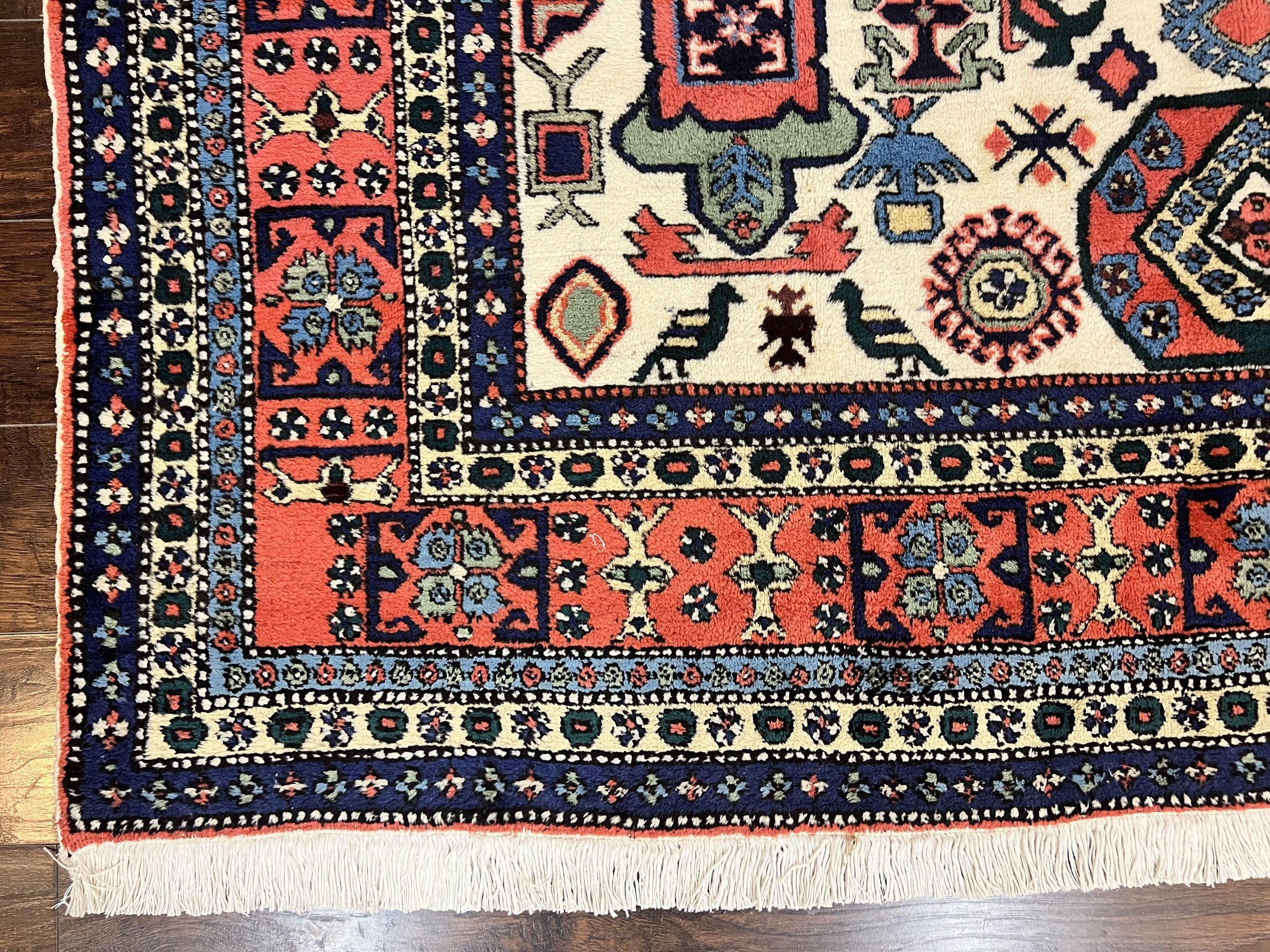 Persian Tribal Rug 8x11, Persian Ardabil Rug, Geometric Medallion Animal Pictorial Rug, Ivory Red Blue, Hand Knotted Vintage Wool Carpet by Jewel Rugs