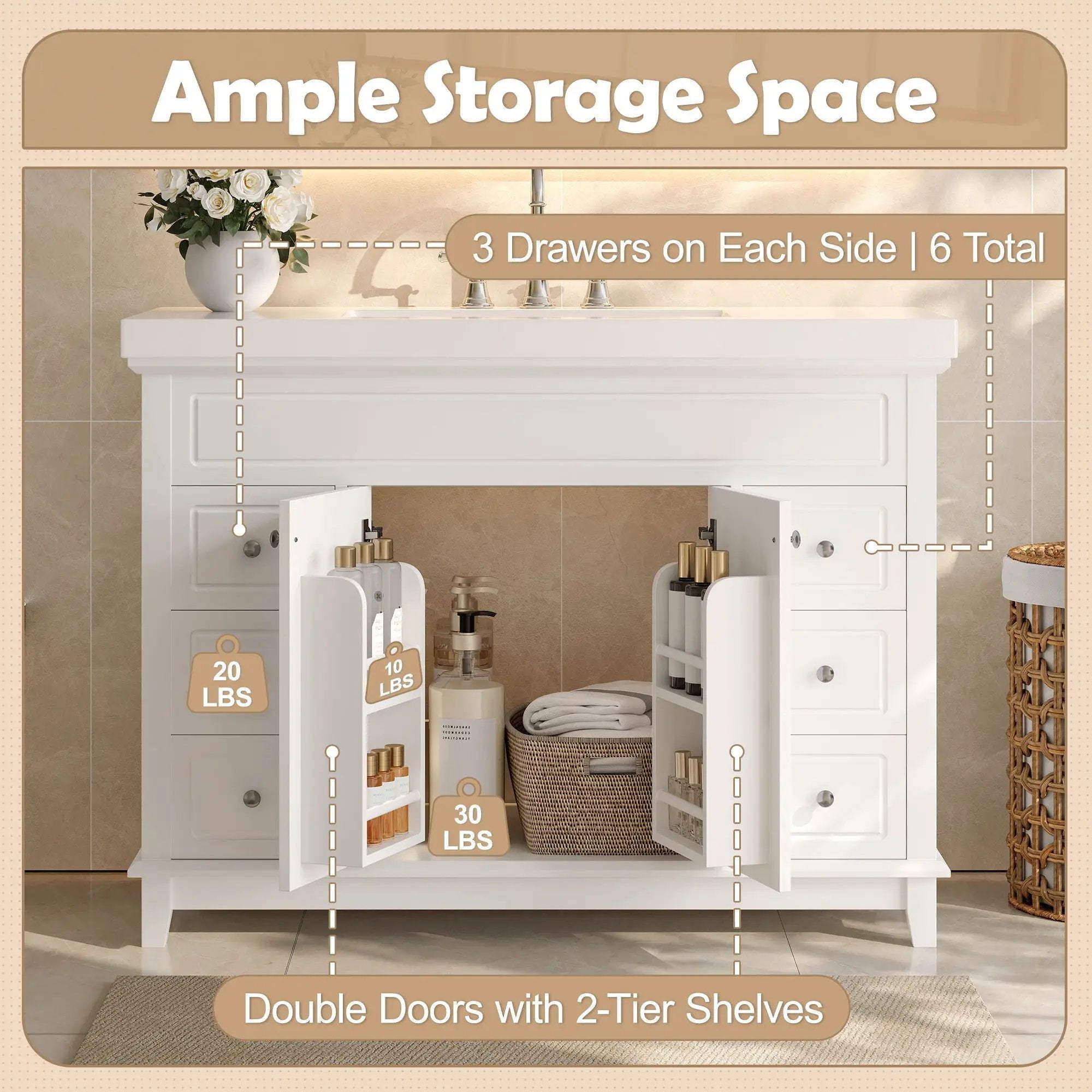 Bathroom Vanity With Sink, 6 Soft Close Drawers & Double Doors - White
