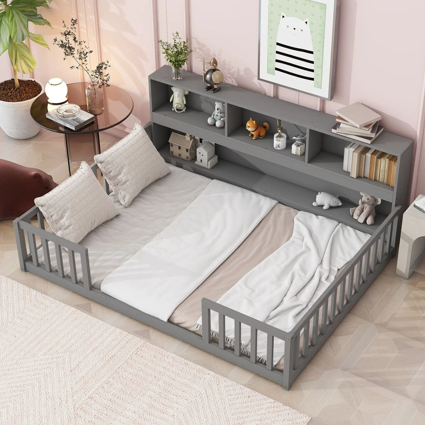 Floor Bed With Side Bookcase, Shelves, Guardrails by Unique Piece Furniture