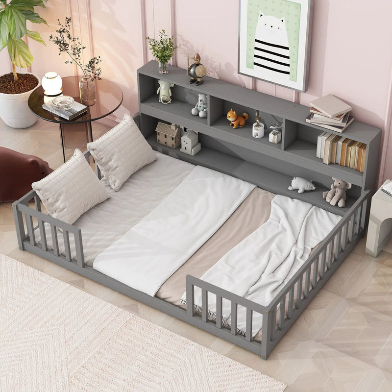 Floor Bed With Side Bookcase, Shelves, Guardrails by Unique Piece Furniture