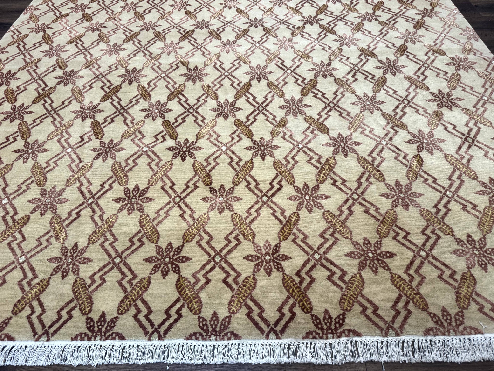 Tibetan Rug 8x10, Wool with Silk Highlights, Beige and Maroon, Contemporary Carpet by Jewel Rugs