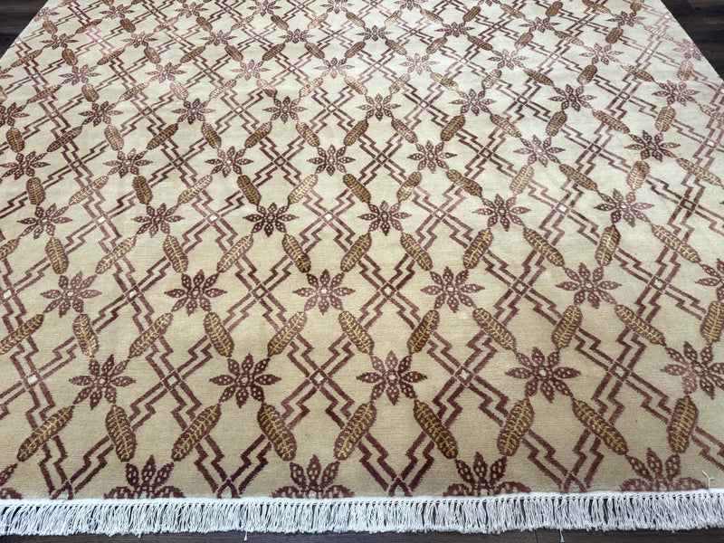 Tibetan Rug 8x10, Wool with Silk Highlights, Beige and Maroon, Contemporary Carpet by Jewel Rugs