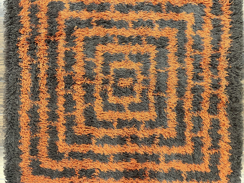 Vintage Rya Shag Rug 4.6 x 6.6, Abstract Design, Brown and Orange, Mid Century Danish Rya Carpet by Jewel Rugs