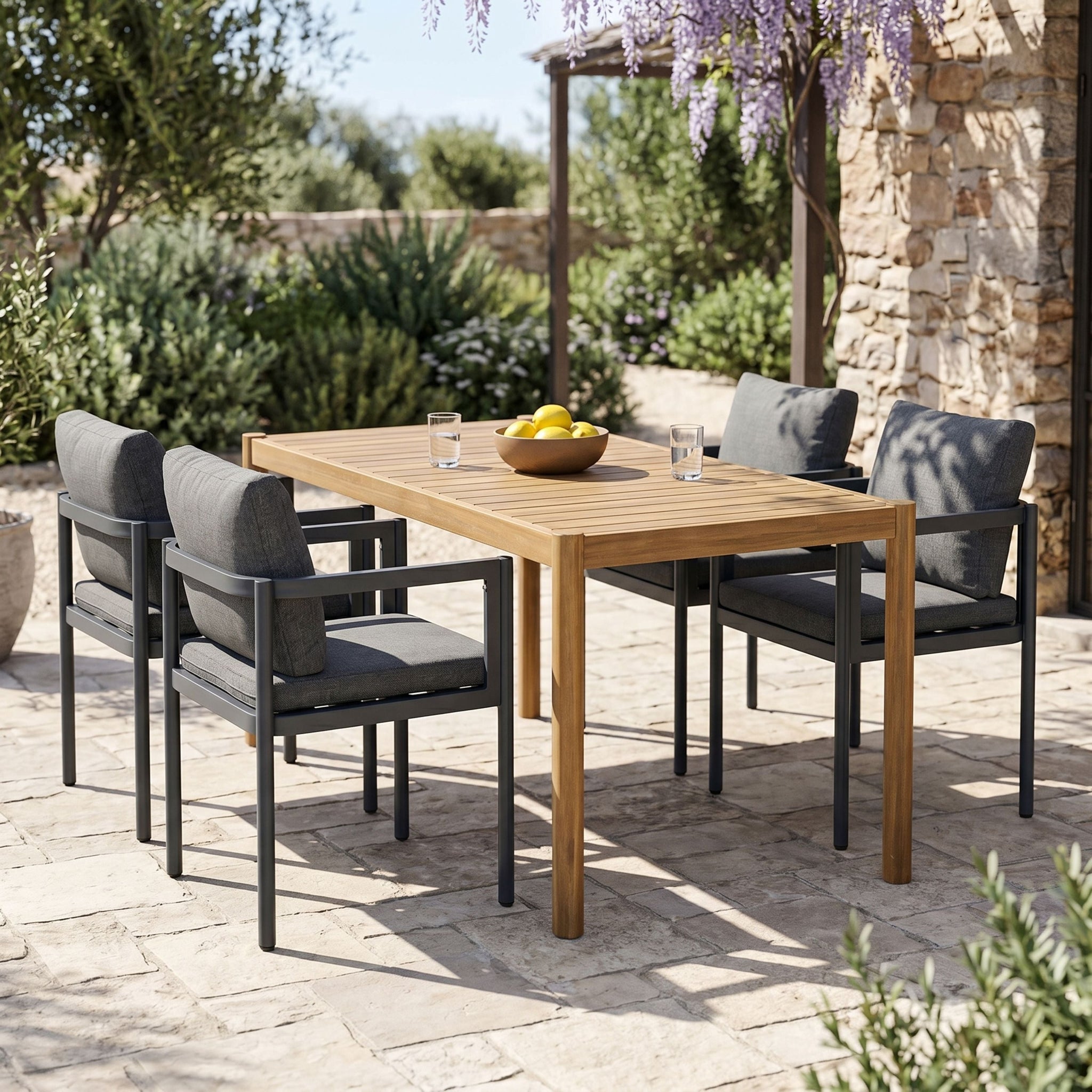 5-Piece Outdoor Patio Dining Set, Acacia Wood Rectangular Table & 4 Chairs by HouseOfZazla
