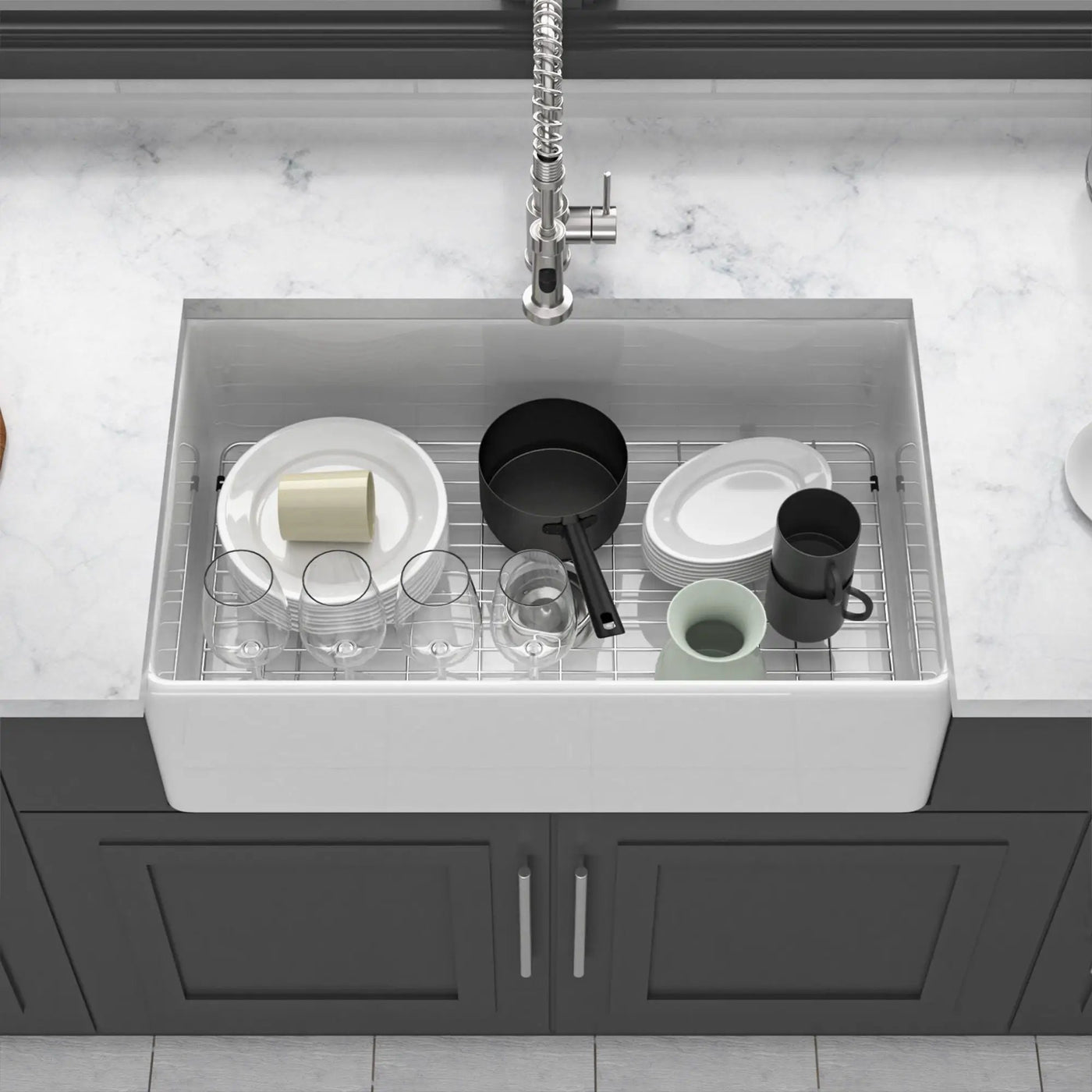 Ceramic Farmhouse Sink With Deep Basin And Stainless Steel Grid by HouseOfZazla