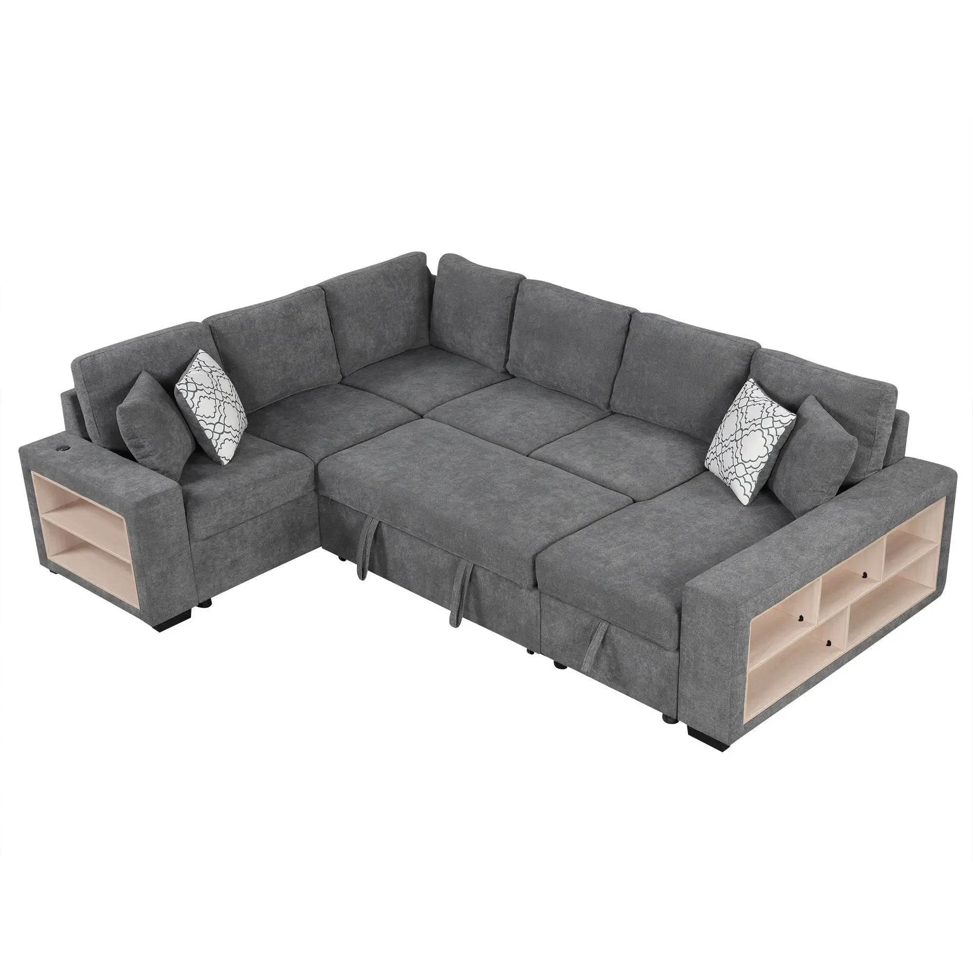 U-Shaped Sectional Sofa Pull-Out Sofa Bed With Two USB Ports, A Storage Chaise Lounge And Four Back Pillows For Living Room by HouseOfZazla