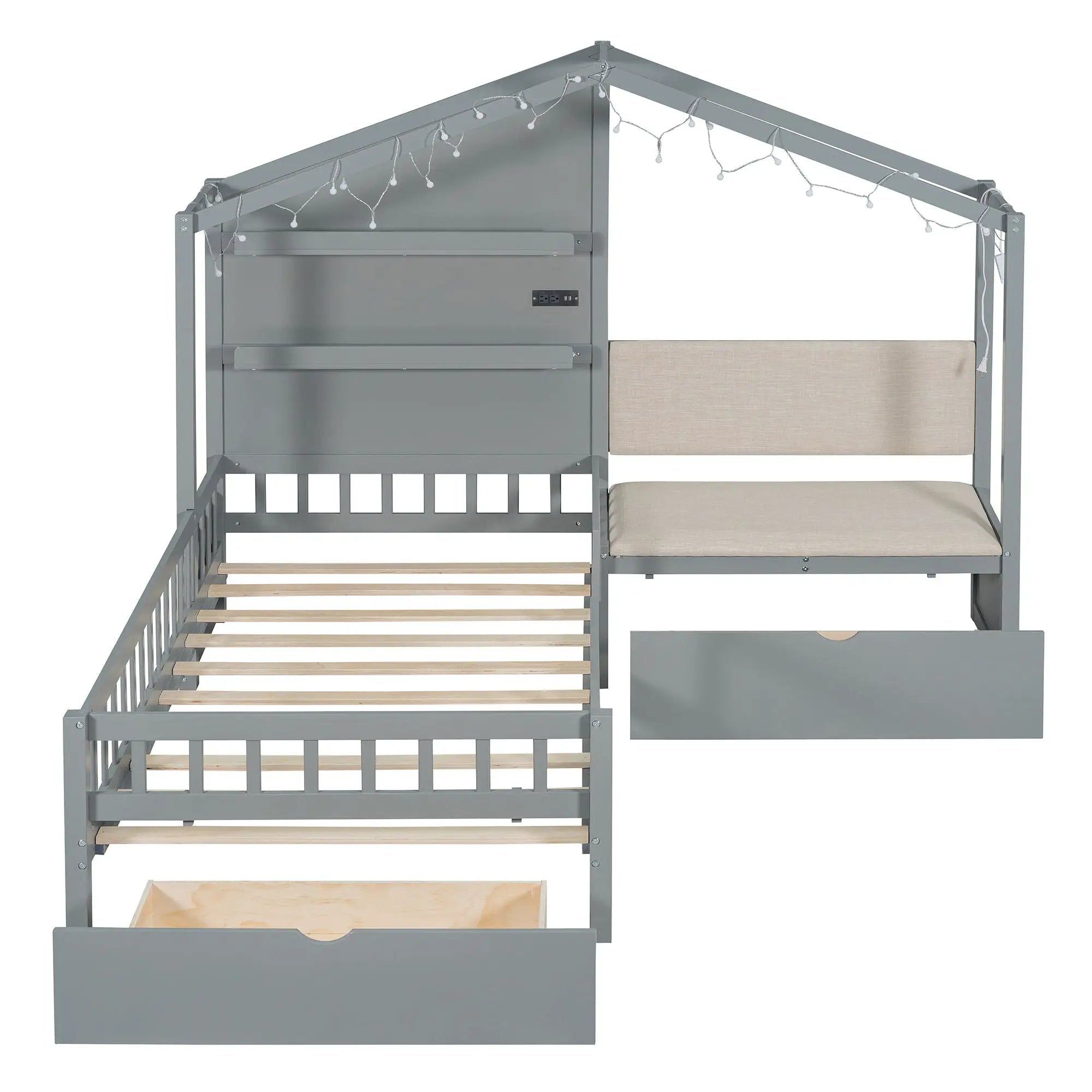 House Bed With Upholstered Sofa, Wireless Charging Station, Shelves And 2 Drawers
