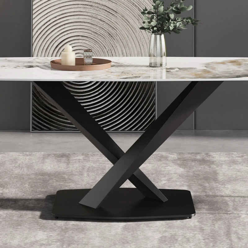 Modern Artificial Stone Pandora White Curved Metal Leg Dining Table, Can Accommodate 6-8 People - Antique White by HouseOfZazla