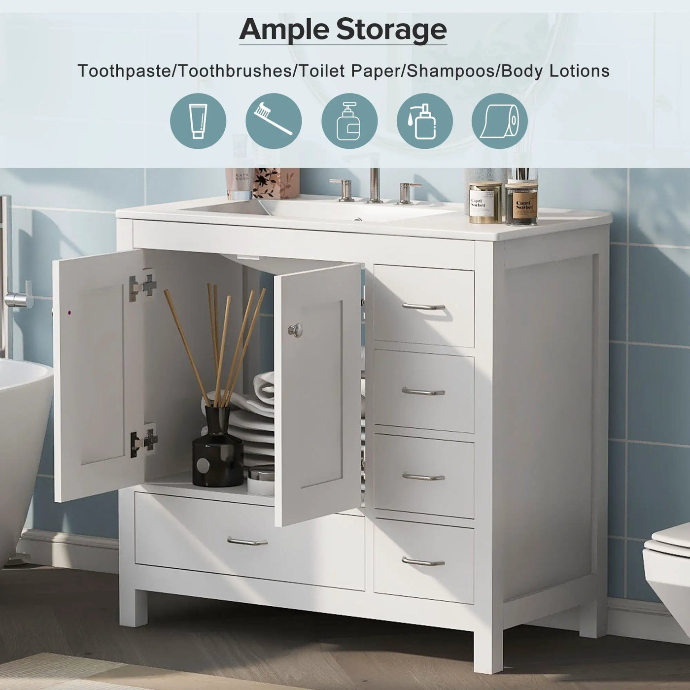 Bathroom Vanity With Ceramic Sink Combo, Abundant Storage Cabinet 2 Soft Close Doors And 5 Drawers by Unique Piece Furniture